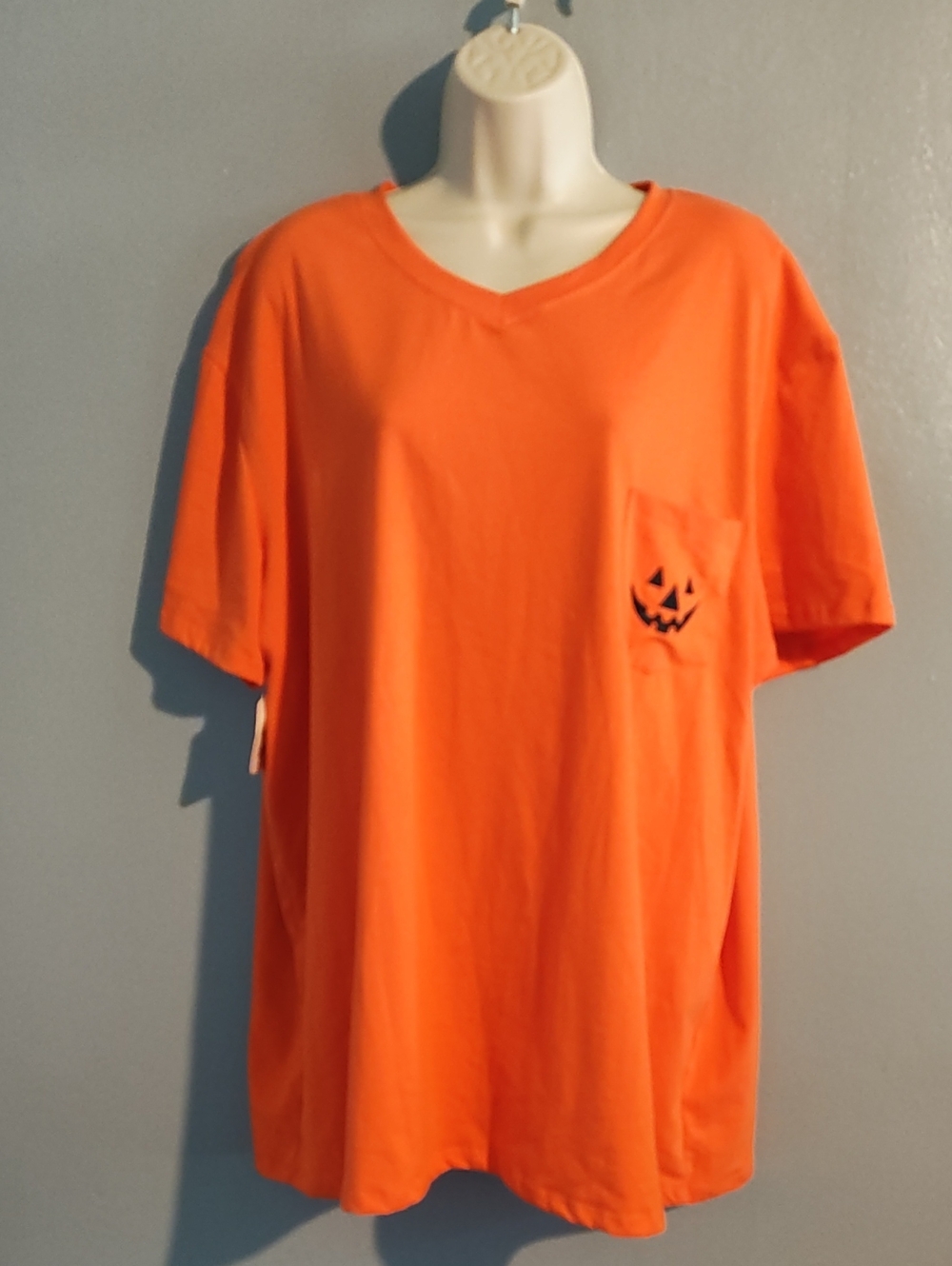 Halloween Women's Orange With Black Pumpkin On Left Pocket Blouse